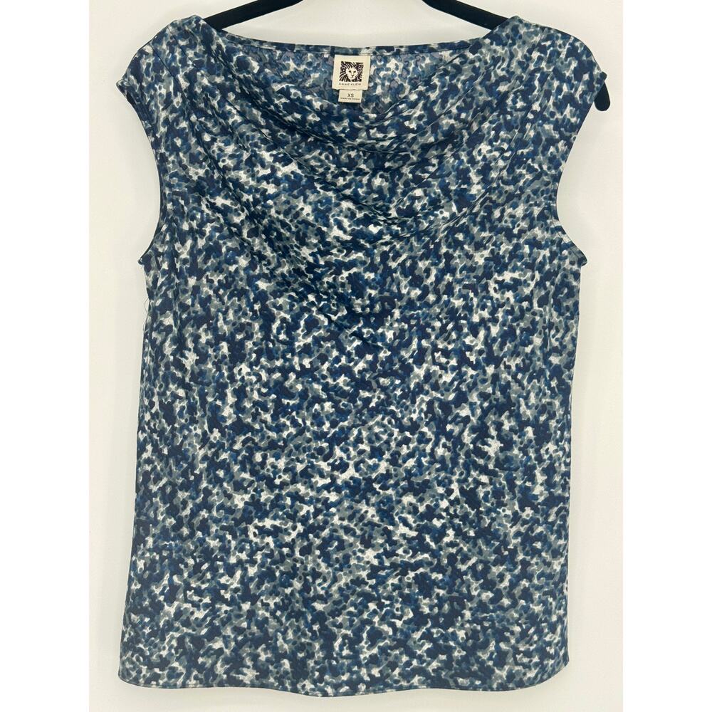 Anne Klein Sleeveless Drape Neck Blue White Gray Top XS